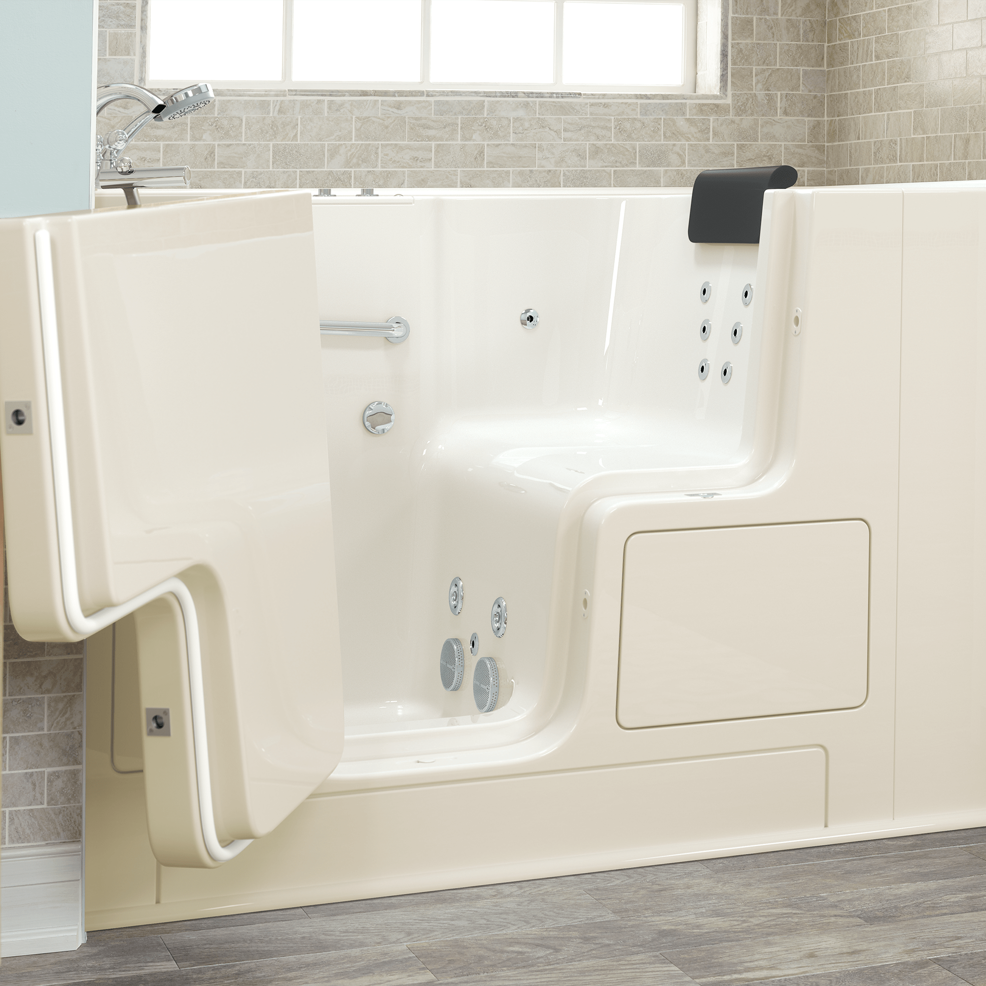 Gelcoat Premium Series 32 x 52  Inch Walk in Tub With Whirlpool System   Left Hand Drain With Faucet WIB LINEN